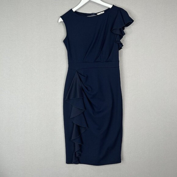 Aisize Womens Dress Medium Blue Pinup Ruffle Sheath Retro Work Cocktail Modest - Picture 1 of 12